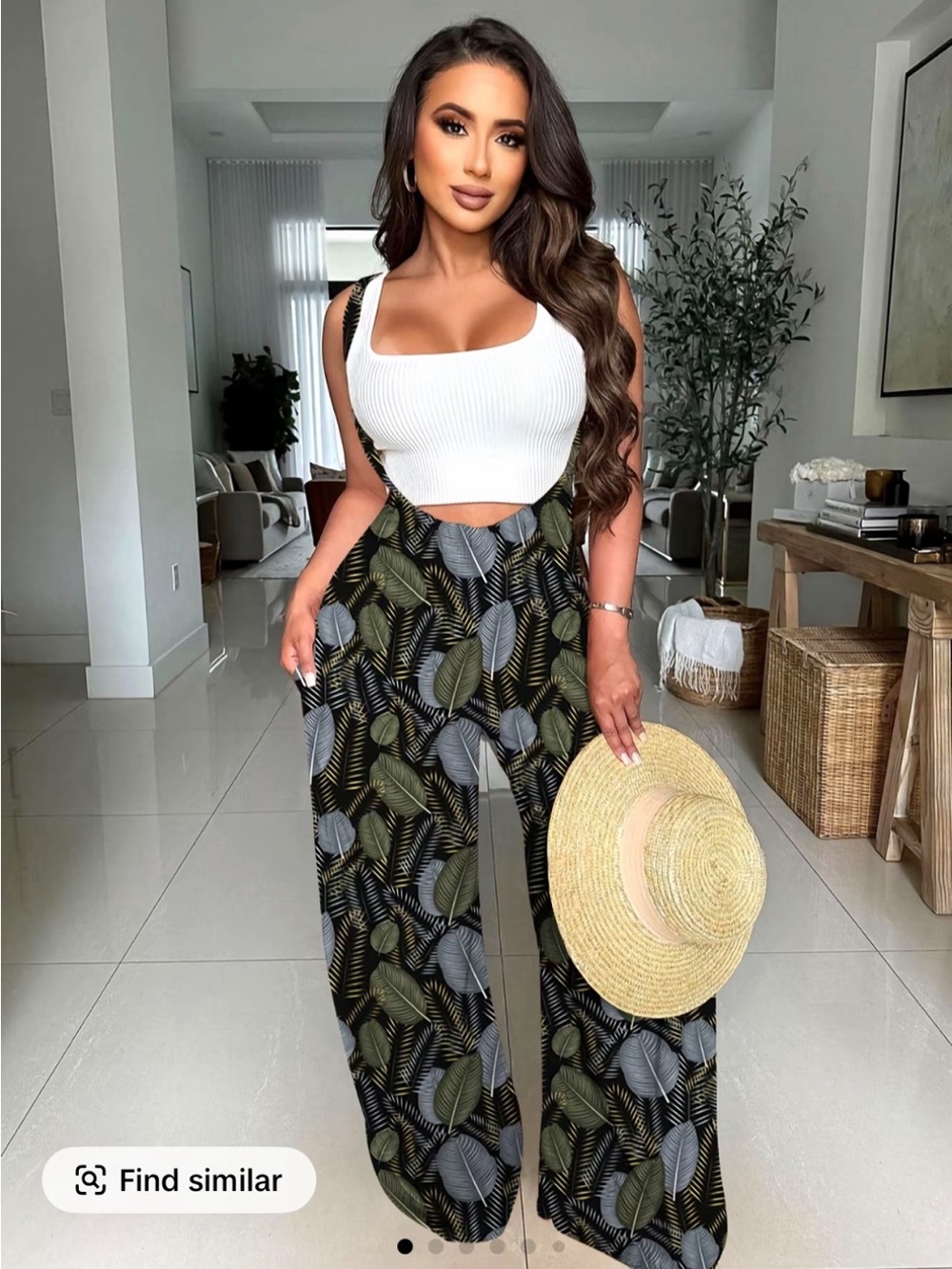 SHEIN Black Wide-Leg Leaf Print Jumpsuit Pants with Suspenders